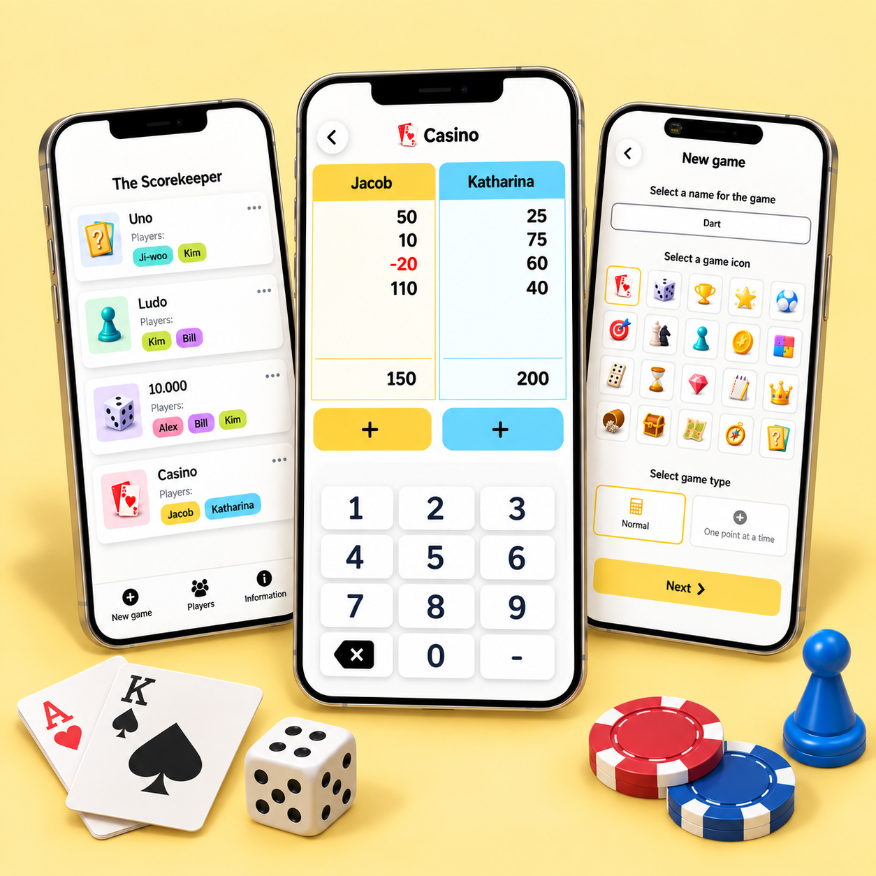 The Scorekeeper app shown on three phones: a list of active games, a Casino score screen with a numeric keypad, and the new game creation screen with 20 game icons to choose from