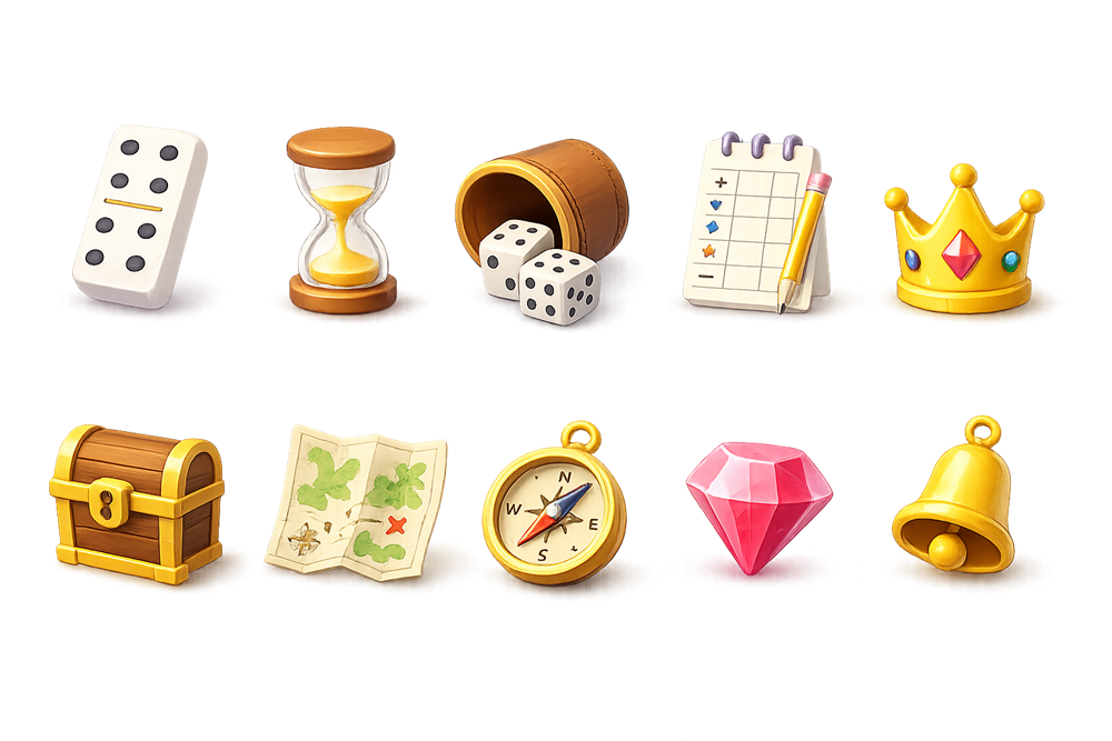 Ten more game icons available in The Scorekeeper: domino, hourglass, dice cup, notepad, crown, treasure chest, map, compass, gem and bell