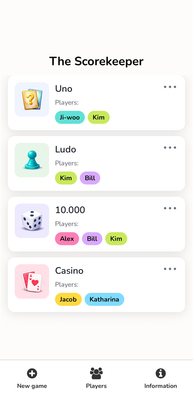 The Scorekeeper home screen showing a list of active games with icons and player colors
