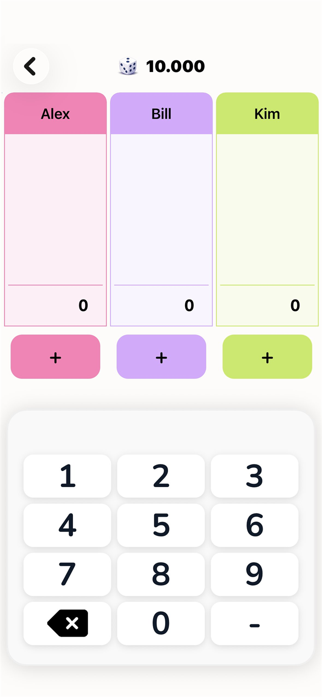 A three-player 10,000 dice game in The Scorekeeper with each player in their own color