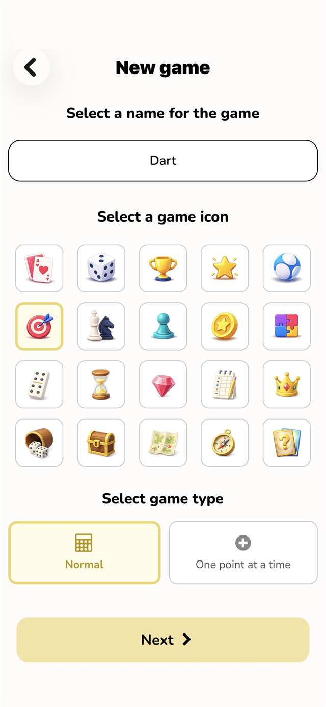 Creating a new game in The Scorekeeper, naming it, choosing an icon and picking a scoring mode