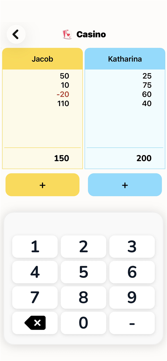 Normal scoring mode in The Scorekeeper showing a running Casino score for two players entered with a numeric keypad