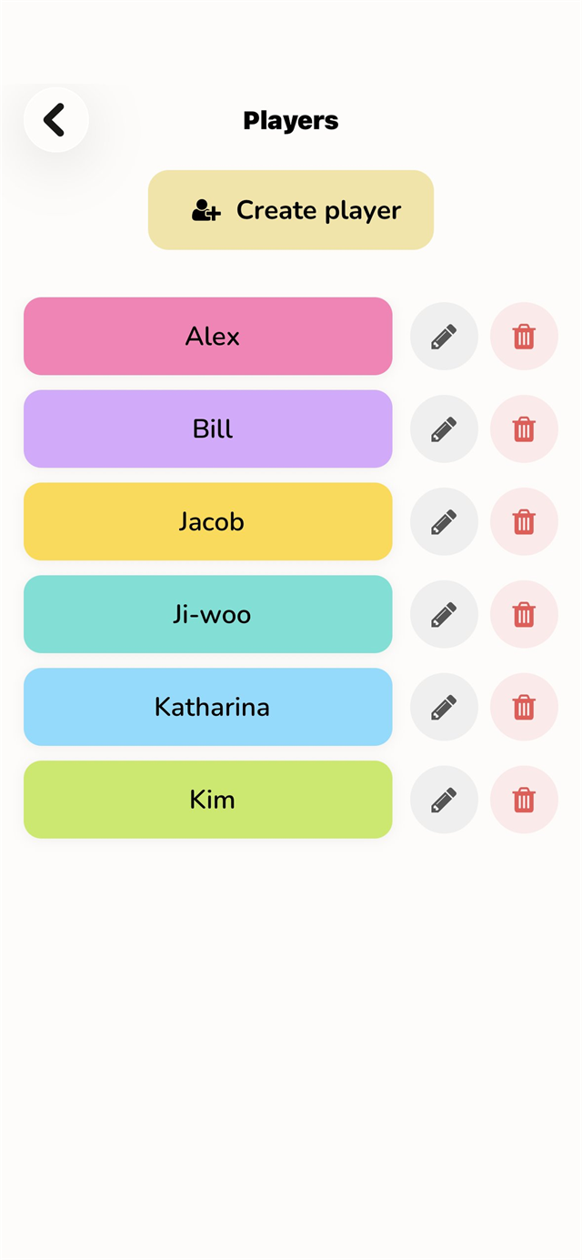 The Players screen in The Scorekeeper showing saved players, each with their own color